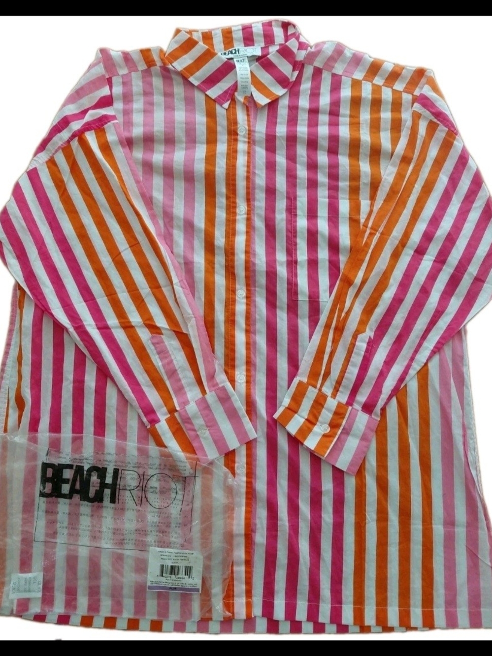 Beach Riot Pink & Orange Vertical Stripe Button-Down Shirt 100% Cotton